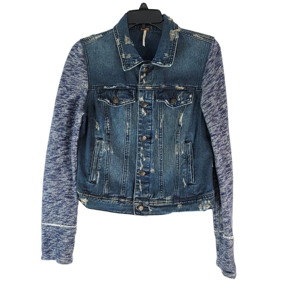 Free‎ People Distressed Denim Jacket Womens Small Blue 90's Grunge Hipster Y2K